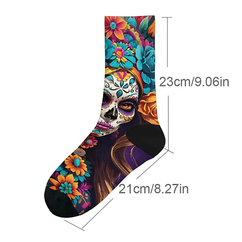 Mens Art Day of the Dead Themed Socks Mexican Grim Reaper Vintage Floral Design Soft Breathable Crew Socks Novelty Holiday Gift