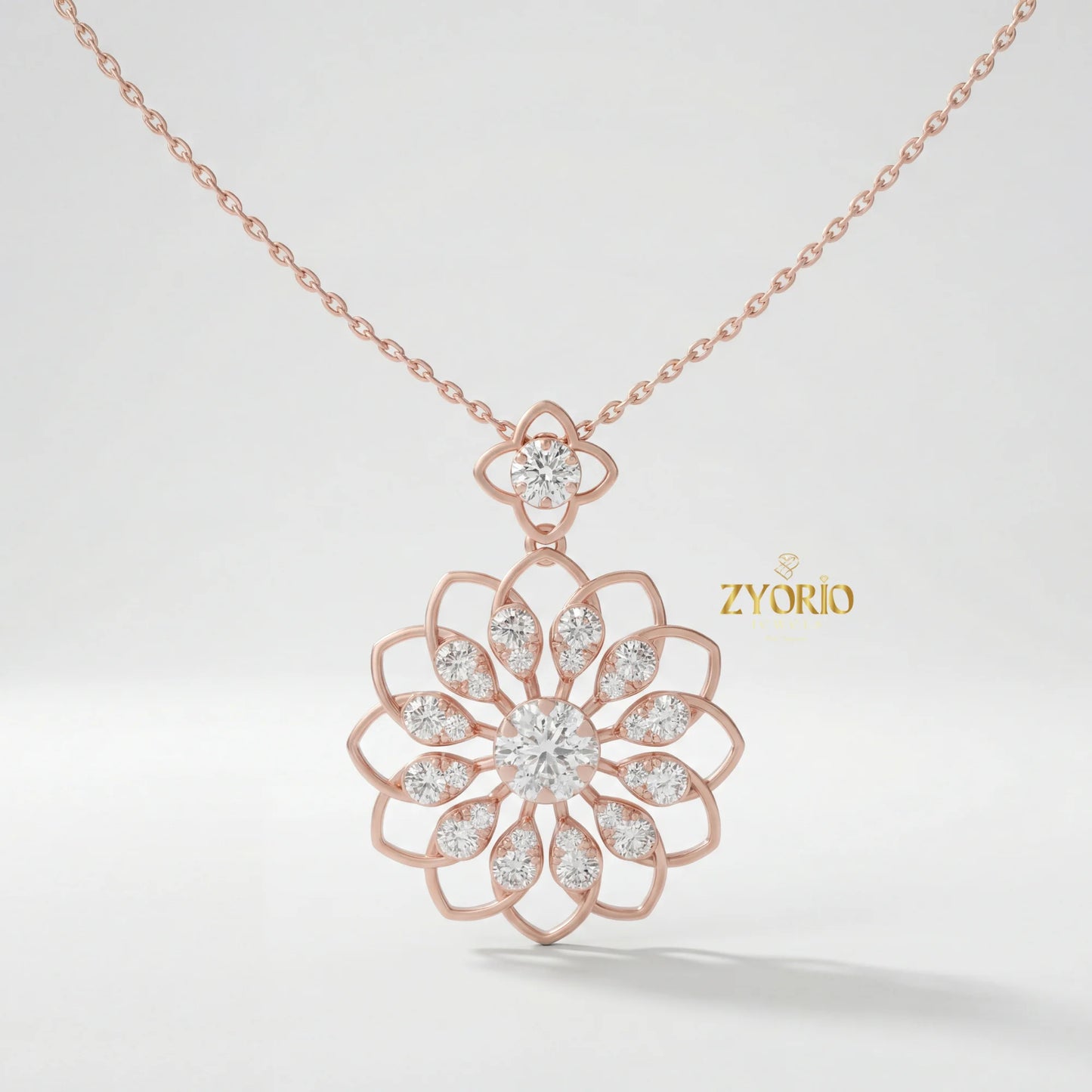 Women's Luxury Gold Floral Bloom Diamond Pendant Sterling Silver Gold Plated Chain Sparkling Wedding Jewelry