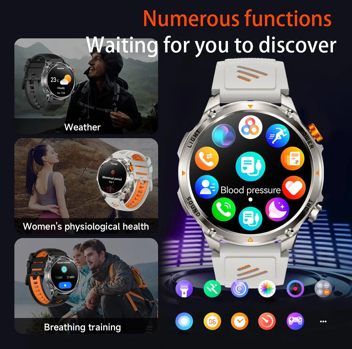 2026 Edition Military Outdoor Sports Smartwatch 1.7-inch AMOLED screen 1100 mAh battery LED flashlight Bluetooth call Waterproof