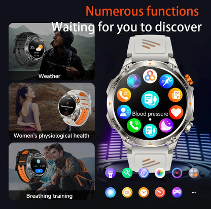 2026 Edition Military Outdoor Sports Smartwatch 1.7-inch AMOLED screen 1100 mAh battery LED flashlight Bluetooth call Waterproof