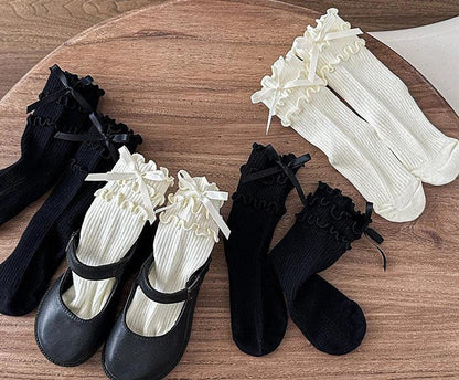 Korean Fashion Lace Lolita Calf Sock for Kids Girl Beige Black Color Ruffle Bow Children Calf Sock Spring Autumn Cotton Sock