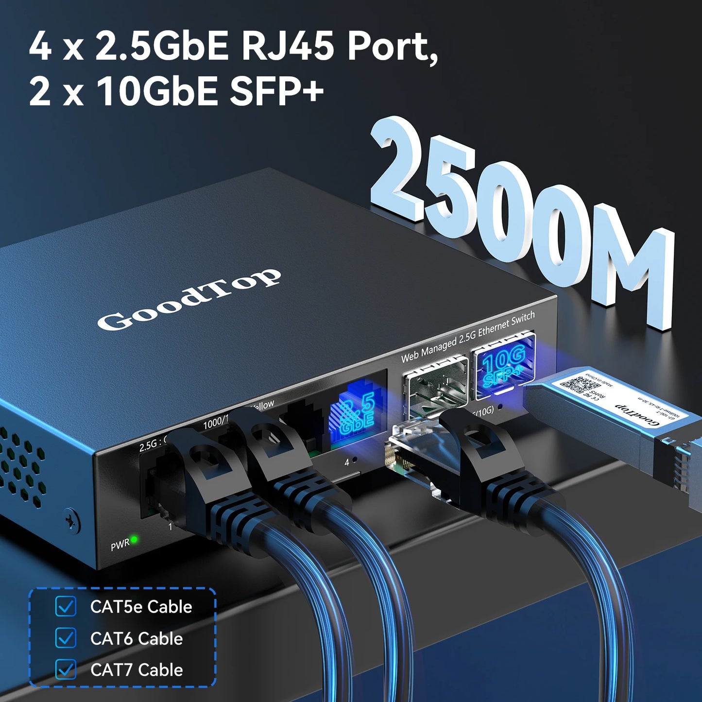 GoodTop 2.5GbE Managed Switch 6 Port 2.5GBASE-T Network Switcher 10G SFP+ Slot Uplink Web Managed Hub Internet Splitter Fanless