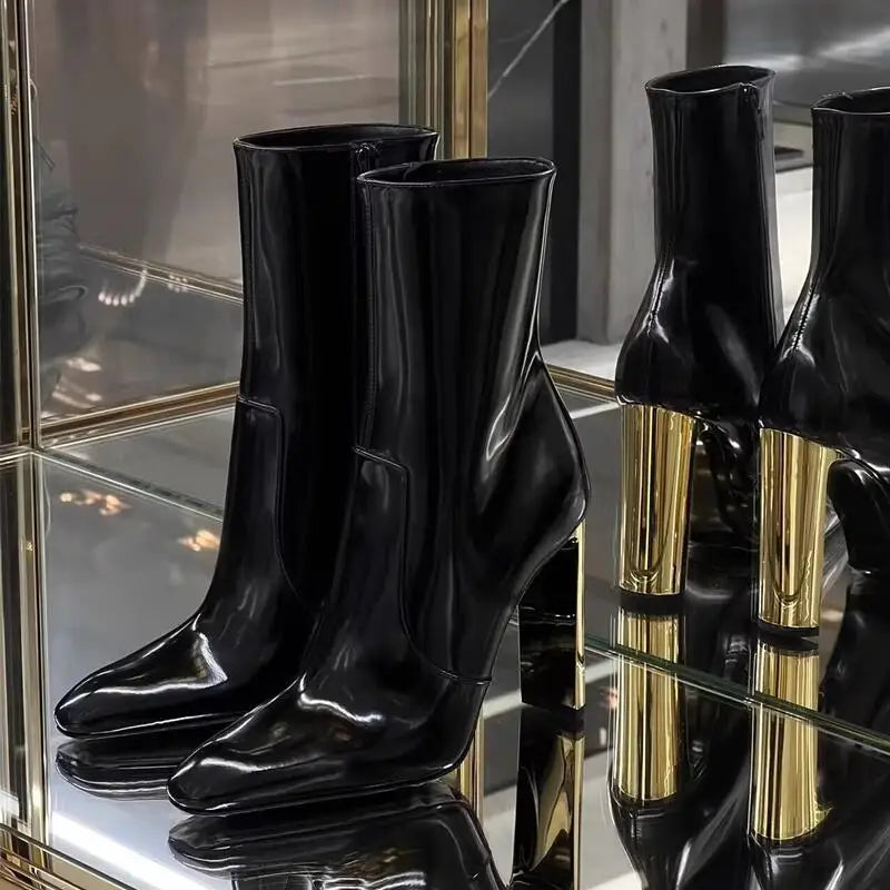 Pointed Toe Black Patent Leather Knee High Boots Zip Gold Heeled Sexy Women 2023 Winter New Tall Boot Luxury Designer Shoes