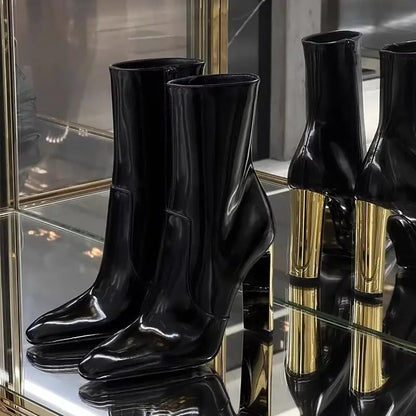 Pointed Toe Black Patent Leather Knee High Boots Zip Gold Heeled Sexy Women 2023 Winter New Tall Boot Luxury Designer Shoes