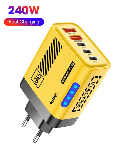 5 Port GaN USB C Charger 240W PD Fast Charging Adapter For iPhone 17 16 15 Pro Samsung Xiaomi Huawei Laptop Desktop PD Charger