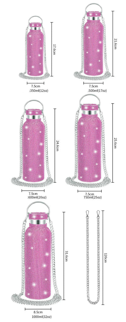350/500/750/1000ml Luxury Rhinestone Thermos Bottle 2pcs Chain Portable Water Bottle Double Wall Stainless Steel Thermal Flask