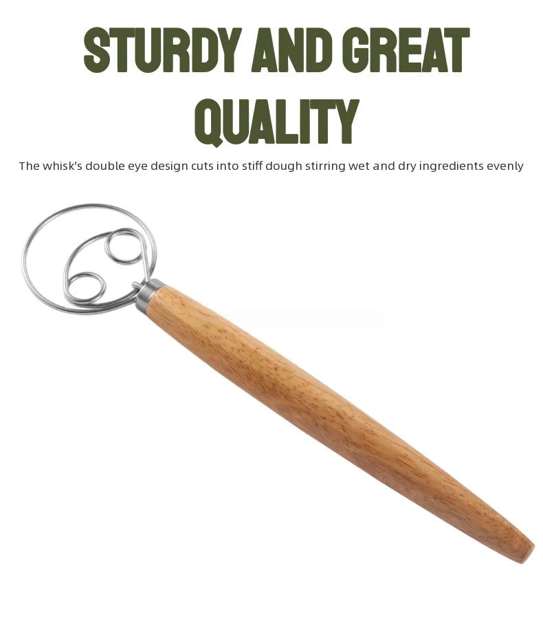 304 Stainless Steel Dough Whisk with Smooth Wooden Handle Sourdough & Bread Mixing 13 Inch Danish Dough Whisk Bread Tools