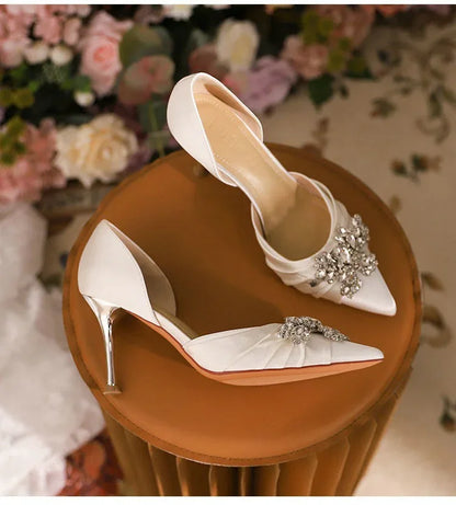 2025 Autumn New White French High Heels Pointy Rhine-Diamond Thin Heel Not Tired Foot Single Shoes Wedding Shoes