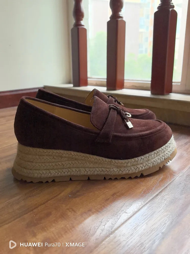 MKKHOU Fashion Loafers New High Quality Real Leather Suede Vintage Straw Braid Platform Shoes Daily Casual Light Shoes Neutral