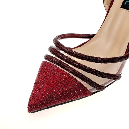QSGFC African Women's Fashion Crystal Square Button Pointed High Heels Water Diamond Shiny Wine Color Sandal Bag Set