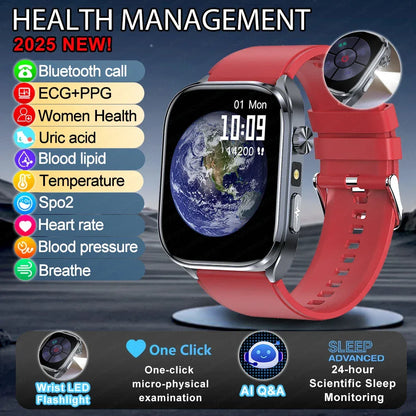 New Uric Acid Blood Lipids AI-GPT ECG Smartwatch Micro Physical Examination Body Analysis Men BT Call LED Flashlight Smartwatch