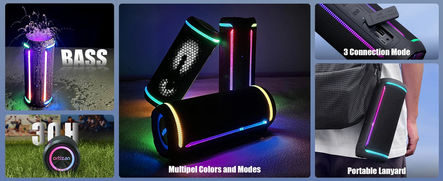 Ortizan Wireless Portable Bluetooth Speaker X30 with 40W Stereo Sound, Rich Bass, IPX7 Waterproof, 30H Playtime, TWS, LED Lights