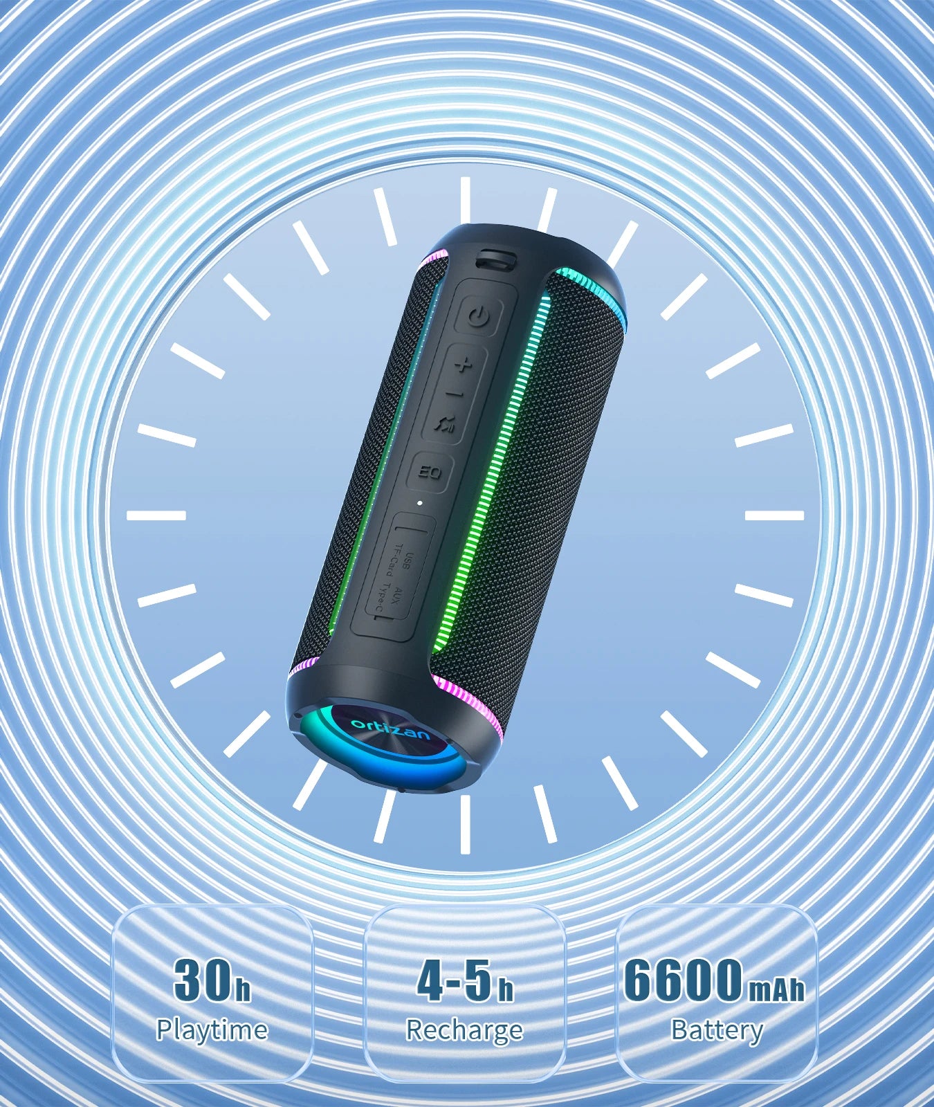 Ortizan Wireless Portable Bluetooth Speaker X30 with 40W Stereo Sound, Rich Bass, IPX7 Waterproof, 30H Playtime, TWS, LED Lights