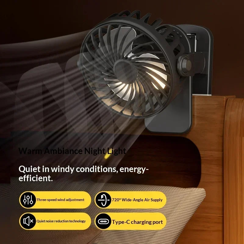 Portable Mini Cooler Fan 720°Rotatable Clip Fan Built In Night Lamp USB Rechargeable Personal Fan For Outdoor Camping Ventilador