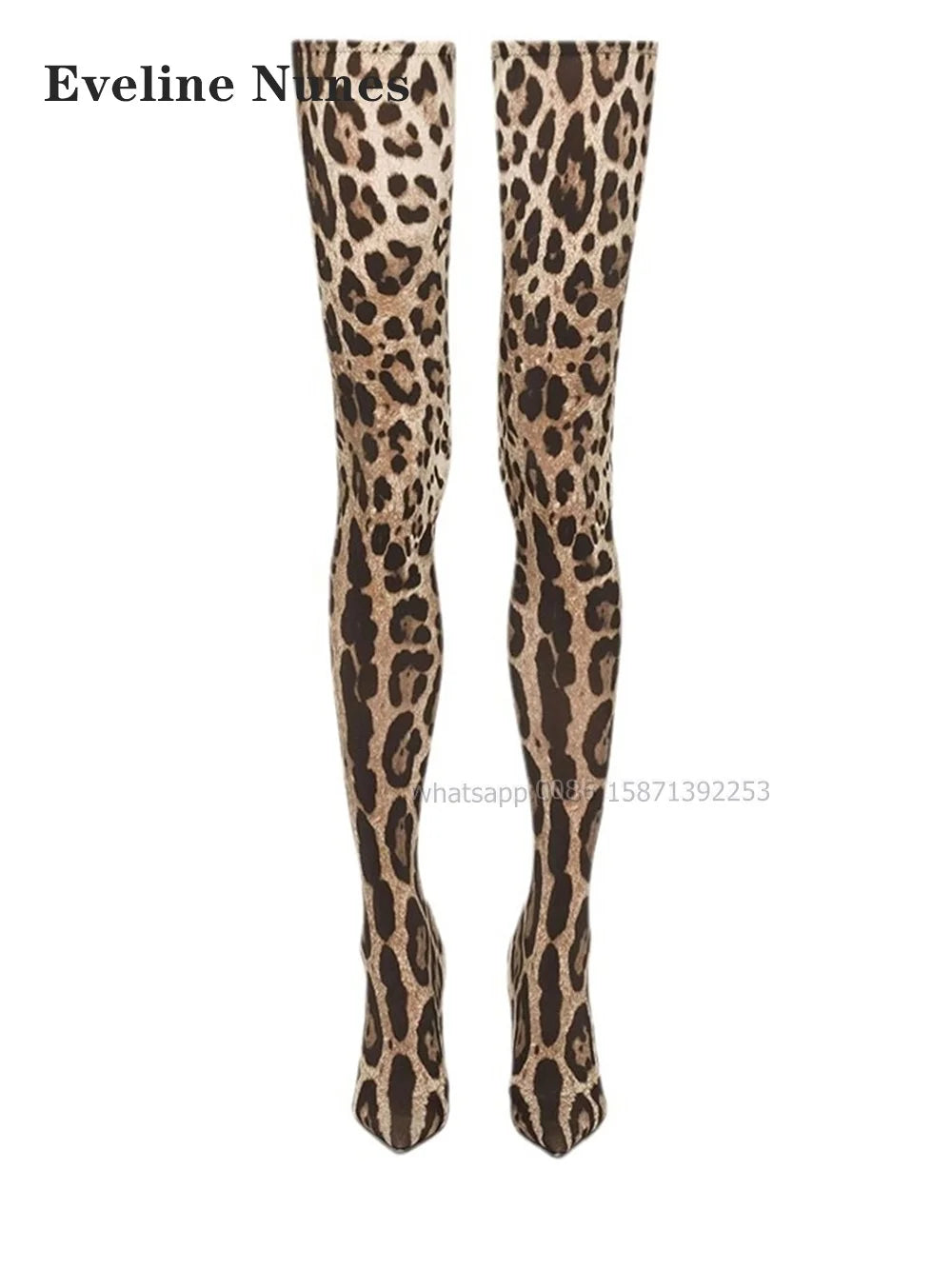 Leopard Satin Thigh High Boots Pointed Toe Thin Heels Mixed Colors Women Stretch Boots Pull On Sexy Spicy Girl Booty Runway Show