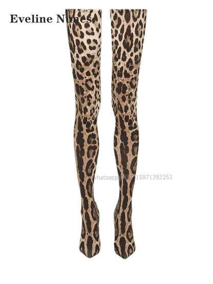 Leopard Satin Thigh High Boots Pointed Toe Thin Heels Mixed Colors Women Stretch Boots Pull On Sexy Spicy Girl Booty Runway Show