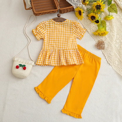 Summer Newborn Girl Yellow Plaid Bow Tie Outfit Baby Clothing Set Infant Girl's Summer Fashion Look
