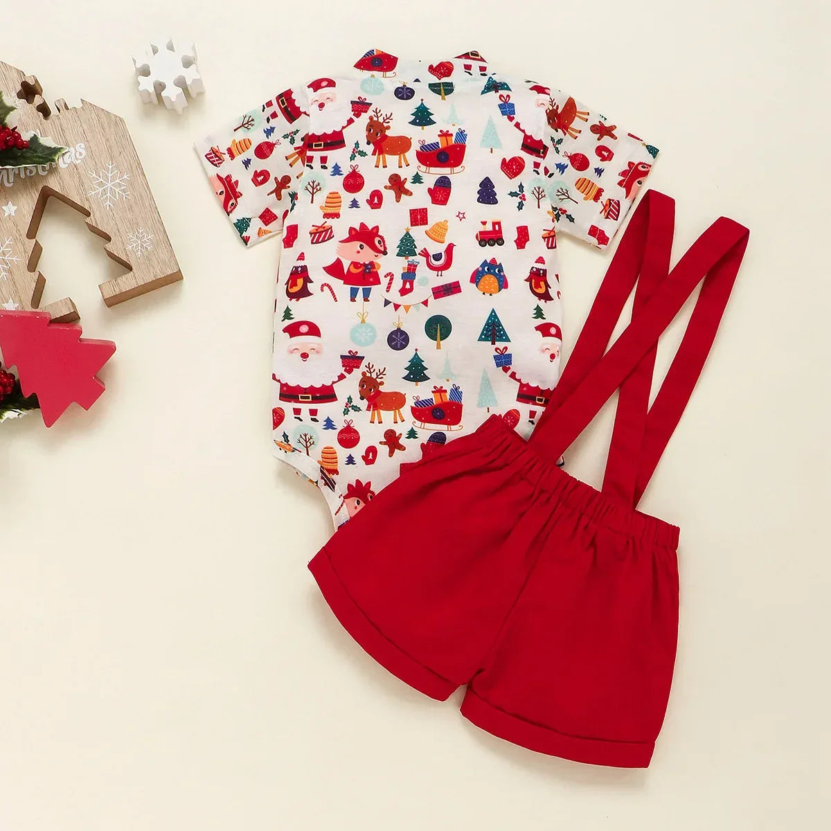 Christmas Suit Infant Bow Short Sleeve Polo Romper + Brace Shorts Set Newborn Baby Girl Boy Clothes
