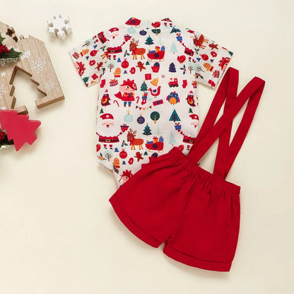 Christmas Suit Infant Bow Short Sleeve Polo Romper + Brace Shorts Set Newborn Baby Girl Boy Clothes