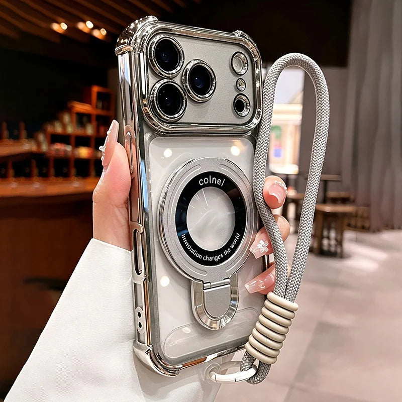 Luxury Transparent Magnetic Stand Plating Phone Case For iPhone 18 Pro Max 17 Pro 16 15 14 Plus 13 12 11 With Soft Lanyard Cover