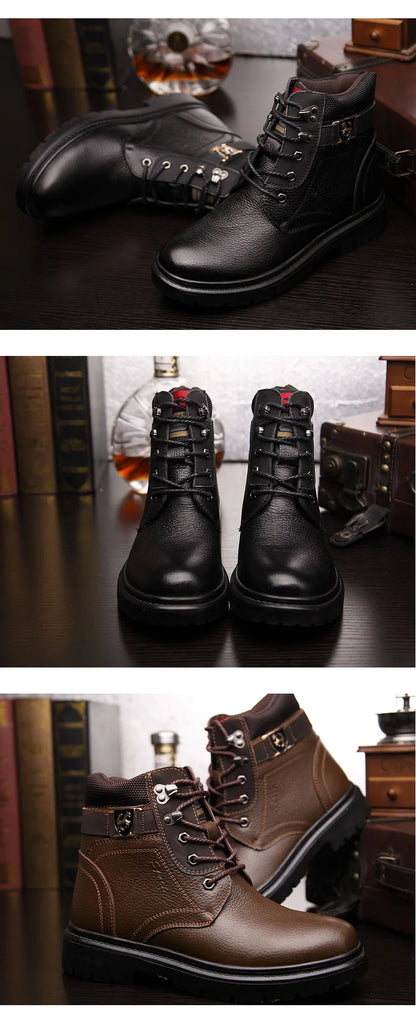 2025 Man's Genuine Leather Boots Winter Snow Shoes Wool Inner Anti Slip Father Ankle Boots Waterproof Man Snow Boots