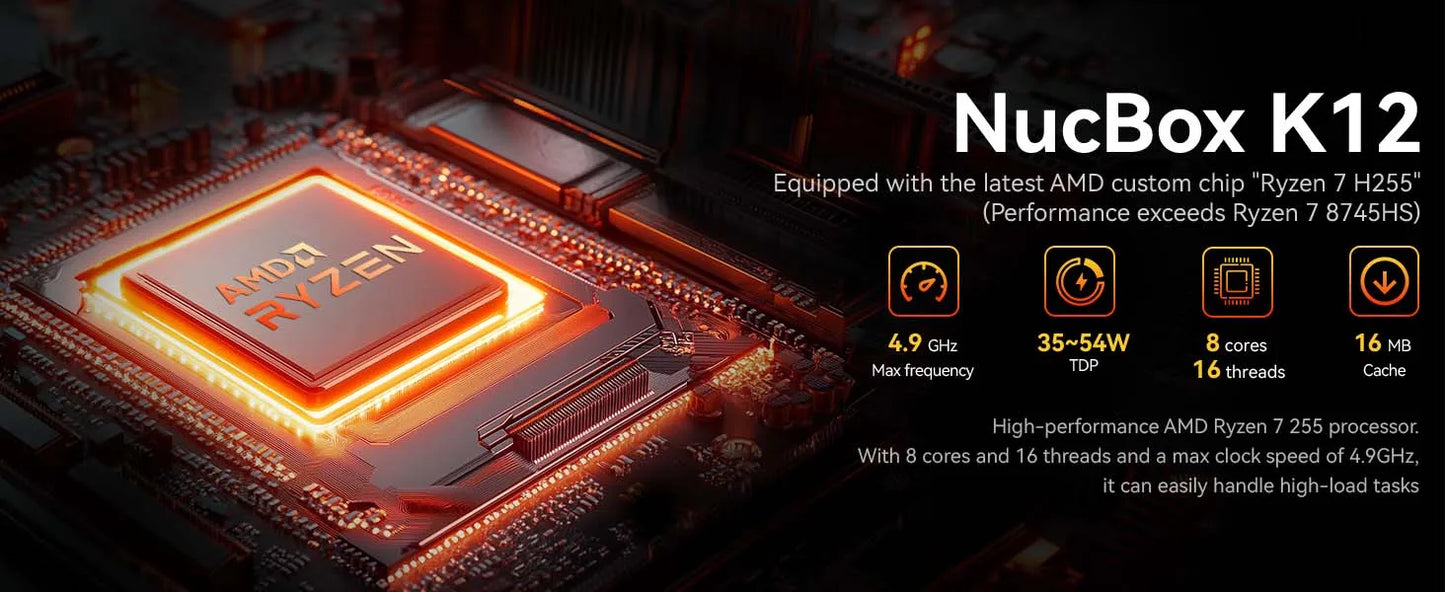 GMKtec MINI PC K12 AMD Ryzen 7 H 255 DDR5 M.2 PCIE SSD WIFI6 BT5.2 2*2.5G Lan Windows 11 Pro Desk Office Mini PC Gaming Computer