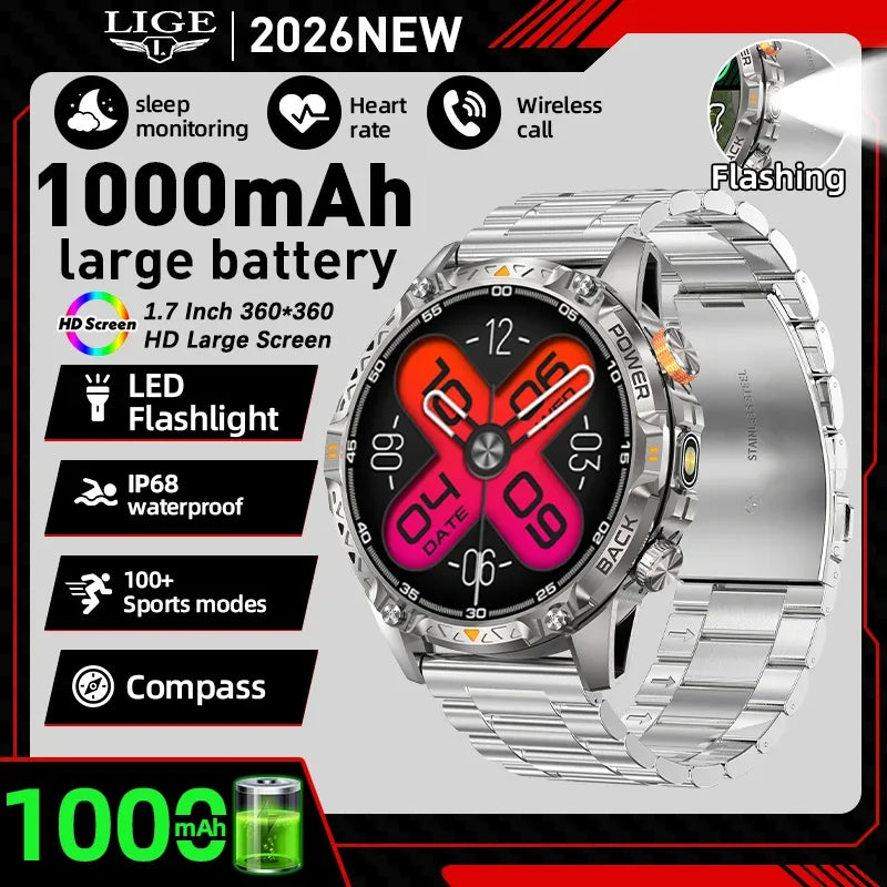LIGE New Military For T-Rex 3 Ultra Smart Watch 1000mAh Battery IP68 Waterproof Compass Flashlight Sports Tracker Smartwatch Men