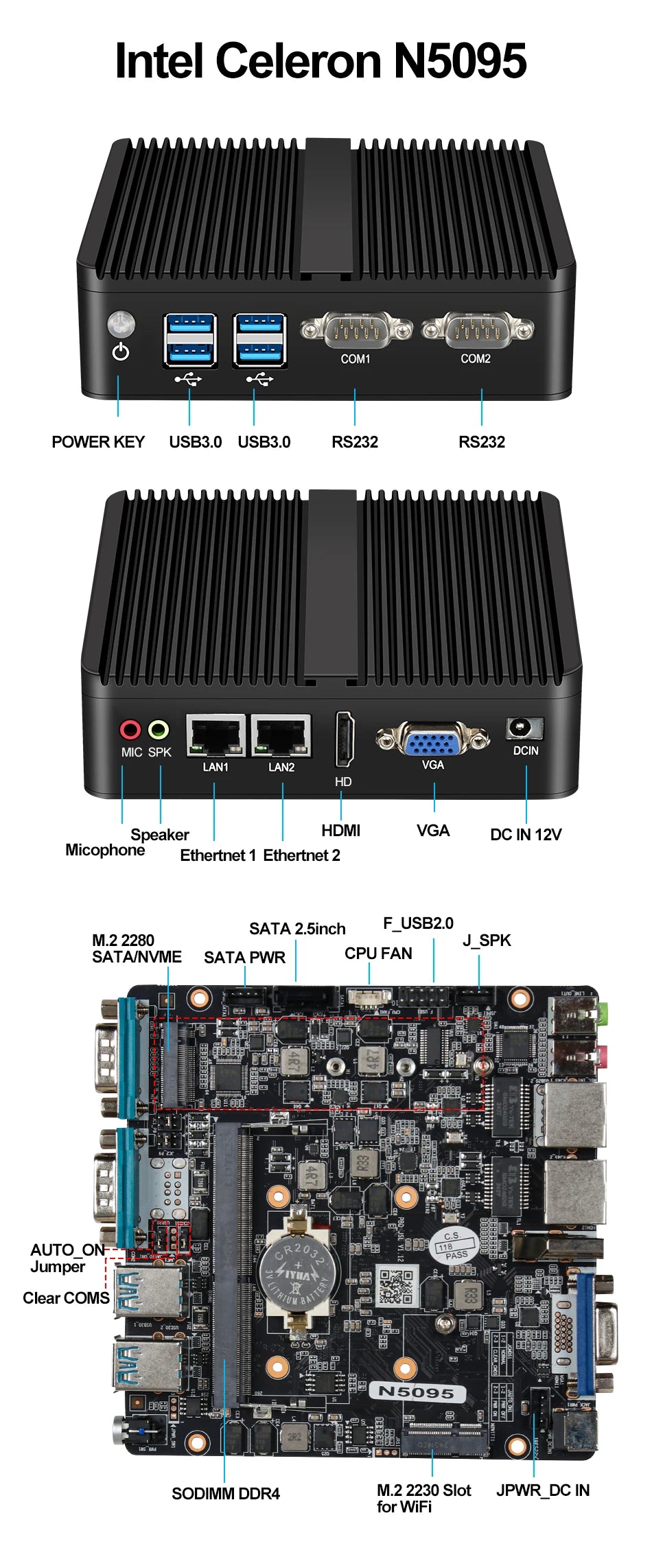 XCY Fanless Mini PC Intel Core I5-5200U I3-5005U Dual GbE LAN 2x RS-232 Serial Ports 4x USB Embedded IPC WiFi Windows Linux