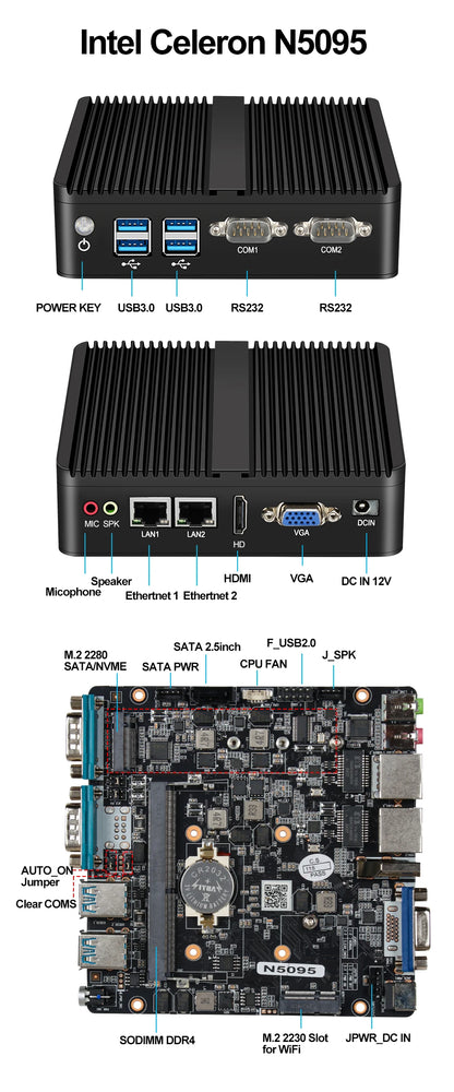 XCY Fanless Mini PC Intel Core I5-5200U I3-5005U Dual GbE LAN 2x RS-232 Serial Ports 4x USB Embedded IPC WiFi Windows Linux