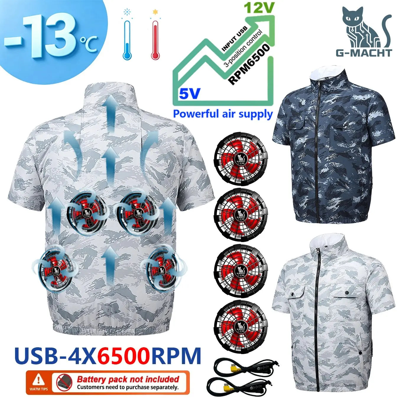 G-MACHT Men Short Sleeve 4Fans Cooling Jacket USB Air Conditioning Clothing Outdoor Work Fishing Heat Protection Cooling Vest