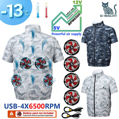 G-MACHT Men Short Sleeve 4Fans Cooling Jacket USB Air Conditioning Clothing Outdoor Work Fishing Heat Protection Cooling Vest
