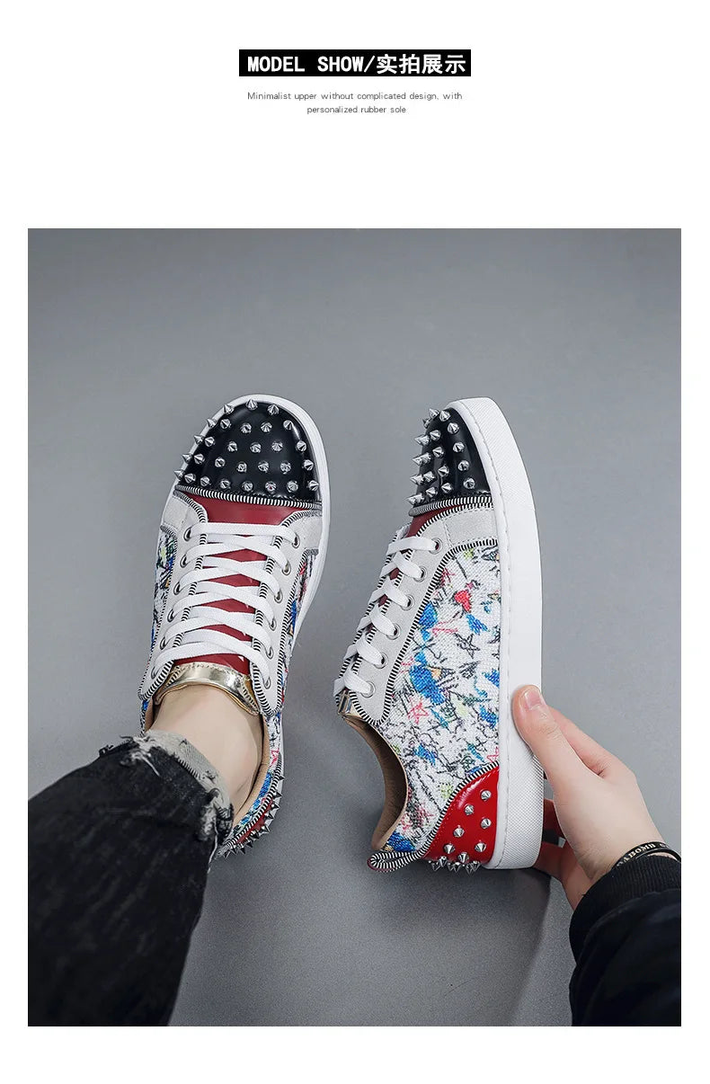 New Fashion Silver Trainers Glitter Spiky Shoes Men Lace Up Sneakers Low Top Shoes Red Sole Man Designer Sneaker With Spikes