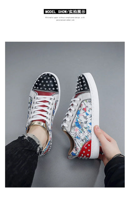 New Fashion Silver Trainers Glitter Spiky Shoes Men Lace Up Sneakers Low Top Shoes Red Sole Man Designer Sneaker With Spikes