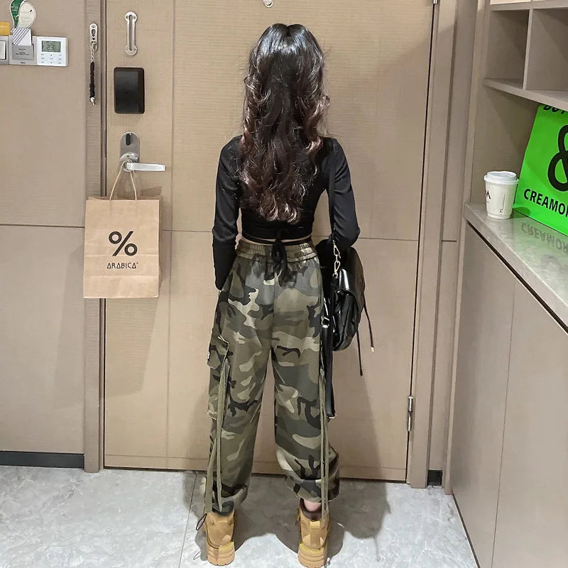 Pantalon camouflage pour filles, mode enfant décontractée, taille haute, jambes larges, collection printemps-automne 2025, tailles 8, 10, 12 et 14 ans.