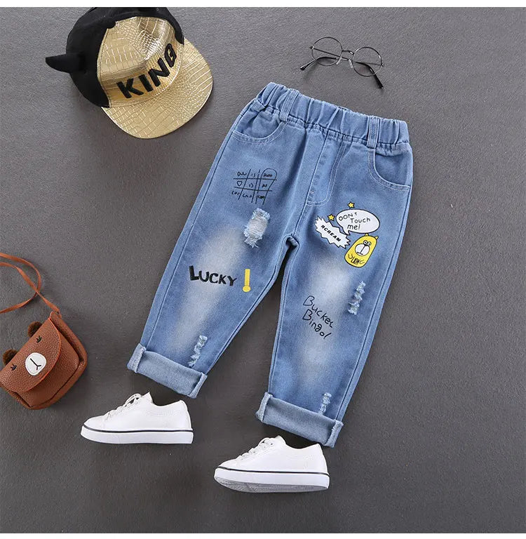 Spring Autumn Children Jeans  Boys Cotton Print Splice Stretch Denim Pants Korean Teenage Trousers Wear Kids ClothingDenimRipped