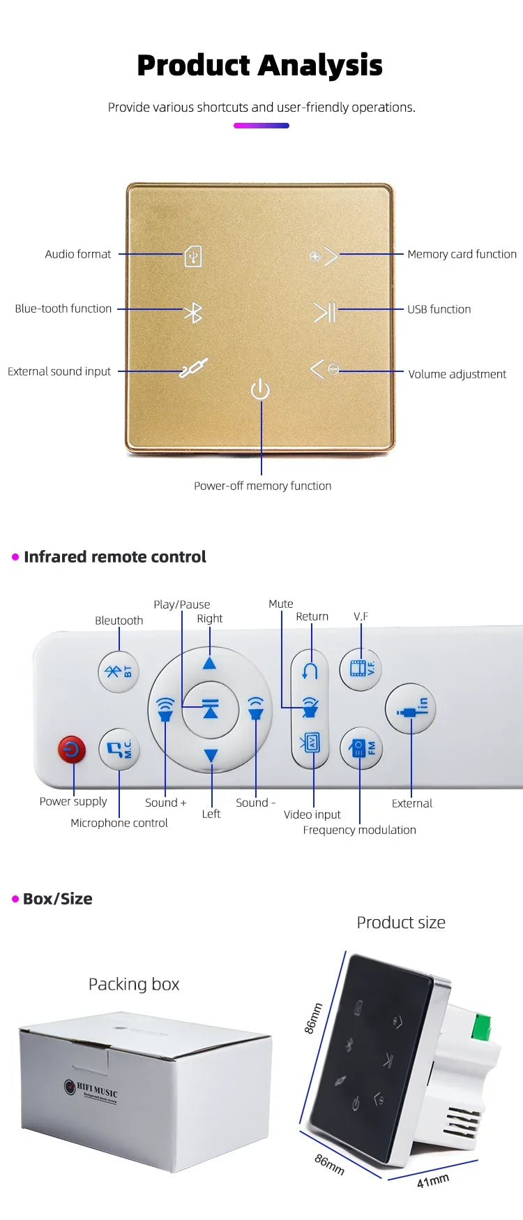 Bluetooth Wall Amplifier Home Theater Sound System Mini Audio Amplificador Smart Background Stereo Music Amp Hotel Restaurant