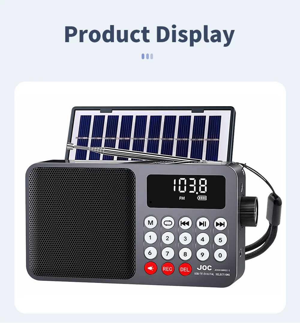 Solar FM Radio Portable Bluetooth Speaker with LED Light support Recording TF Card USB Play Wireless Speaker Radio FM Receiver
