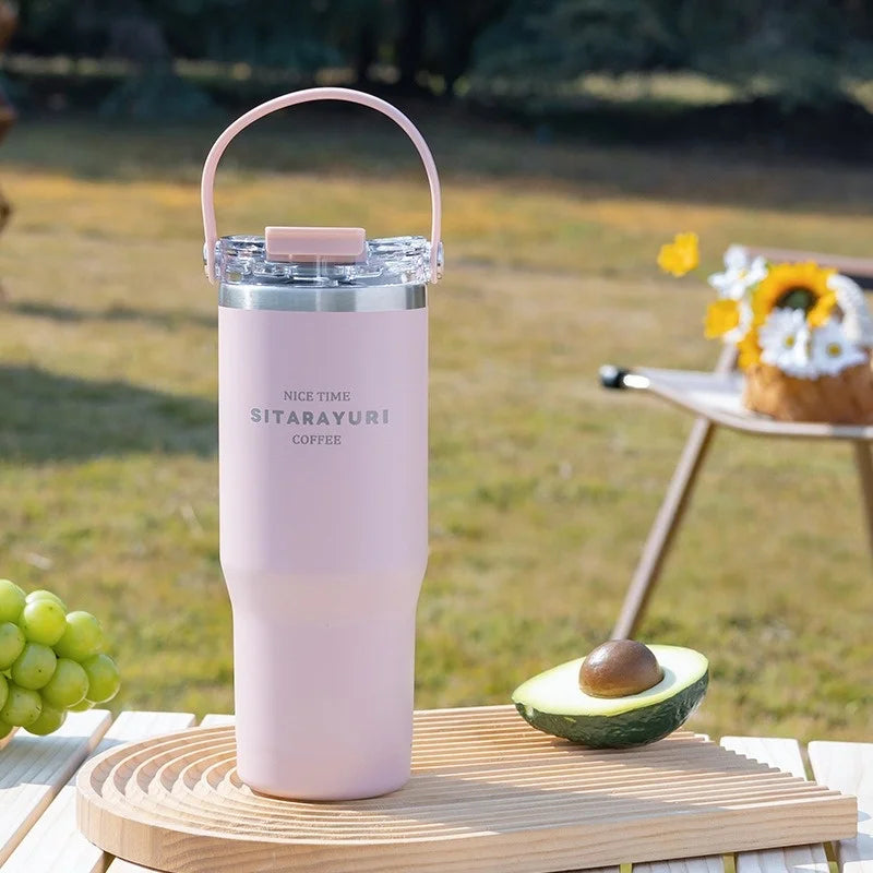 JUSTINLAU 600/900ml Insulated Cups Stainless Steel Double-drinking Thermos Cup with Handle& Straw Sports Bottle Car Ice Tumbler