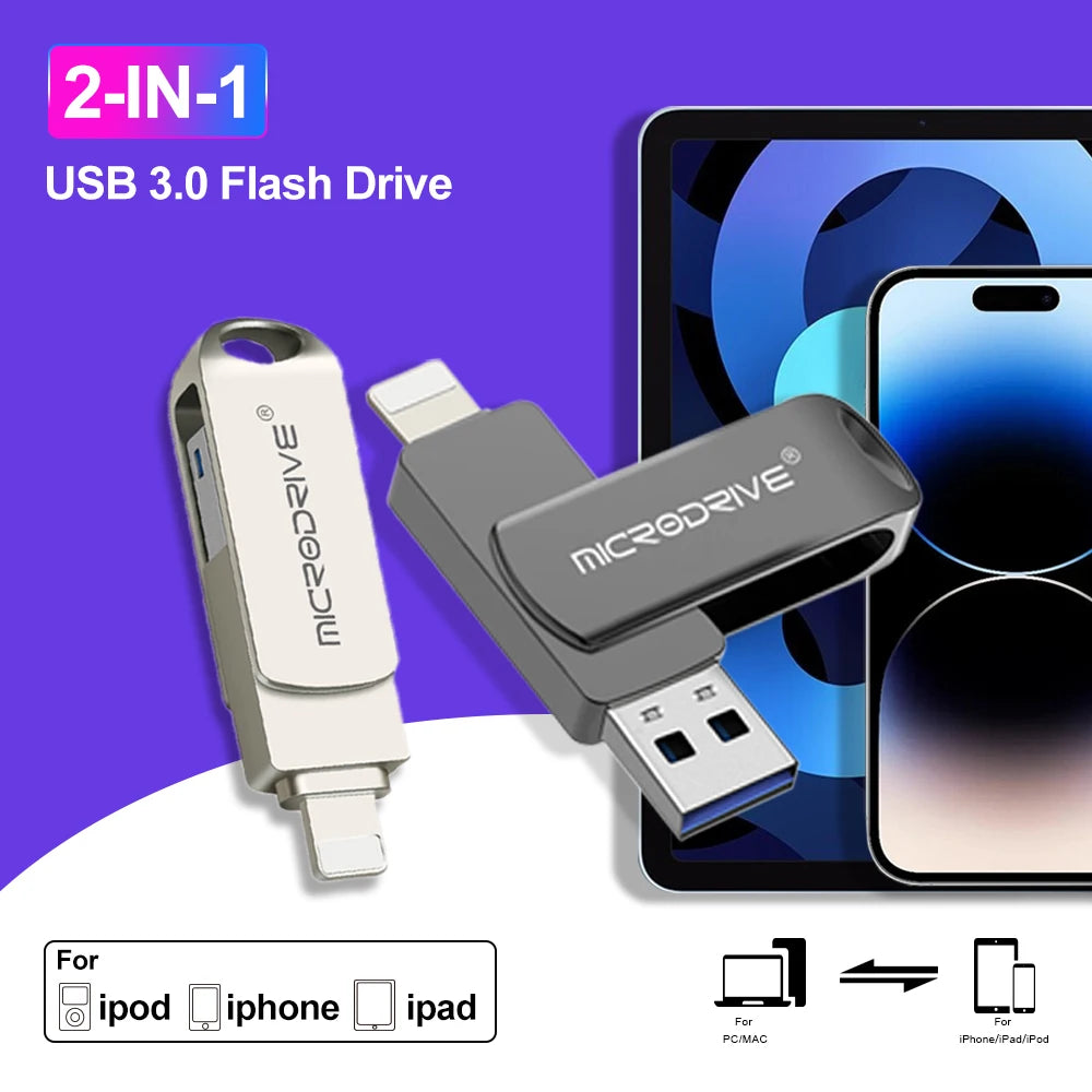OTG Flash Drive USB3.0 for iPhone with 2 in 1 USB to lightning & usb 3.0 pendrive for iPhone 6/7/8//11/12/13 /14/ for Ipad