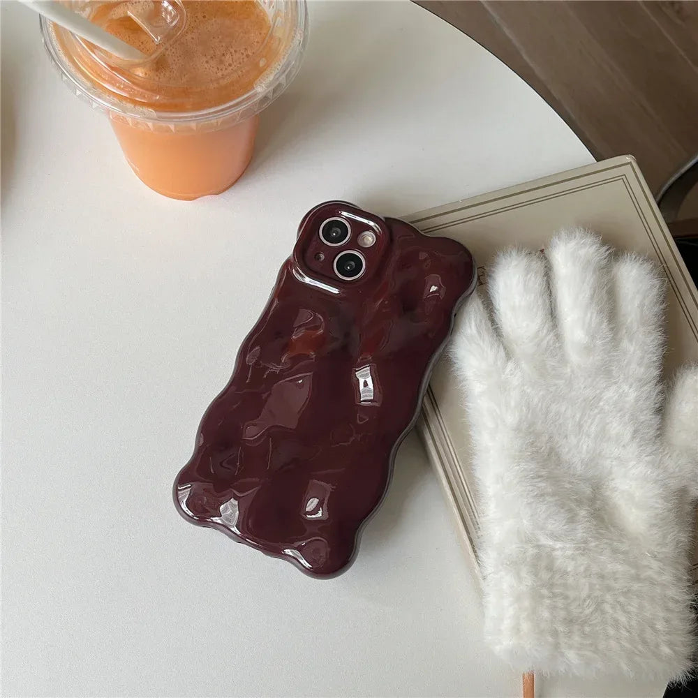 Casing Wine Red Phone Case Compatible for IPhone 11 13 12 14 Pro Max Luxury Luxury glossy wave pattern Solid Color Phone Cover