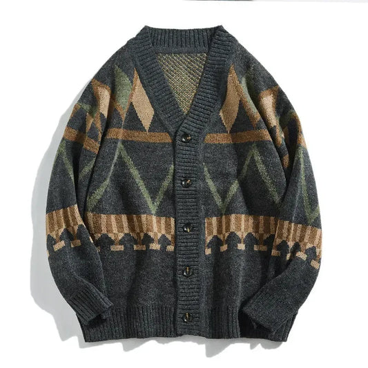 Vintage Japanese Men's Sweater Loose Fit V-neck Knitted Top Casual Cardigan Jacket Trendy Spring Autumn Color Blocking