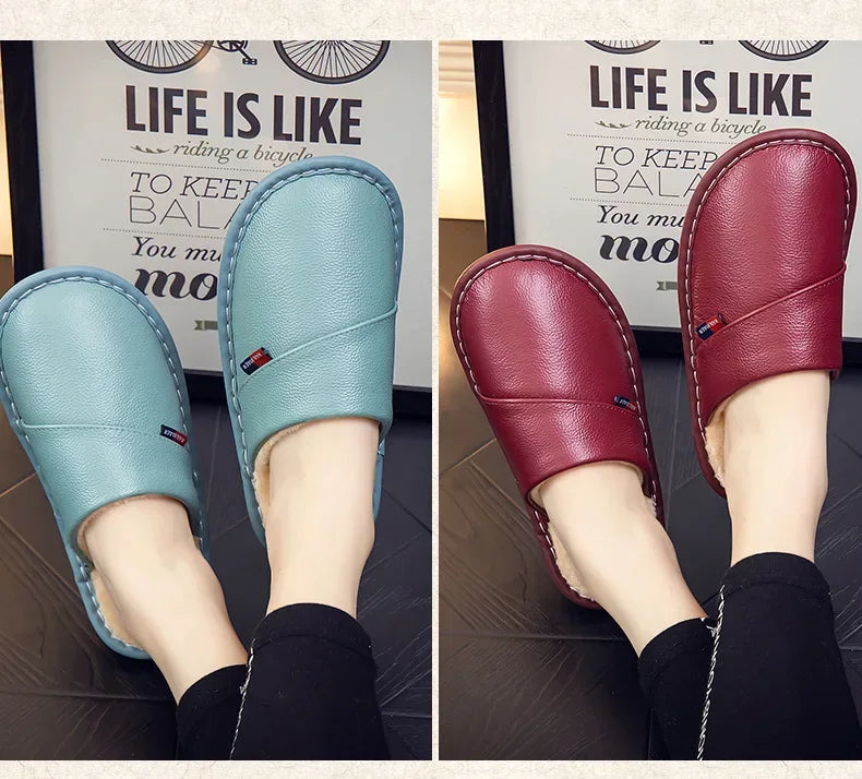Cotton slippers for men and women at home anti slip and warm indoor Home leather cowhide slippers in winter 2023
