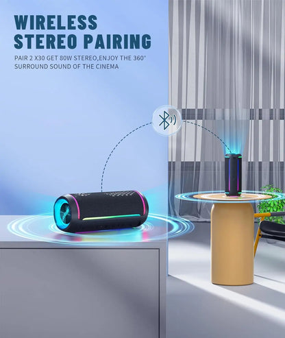 Ortizan Wireless Portable Bluetooth Speaker X30 with 40W Stereo Sound, Rich Bass, IPX7 Waterproof, 30H Playtime, TWS, LED Lights