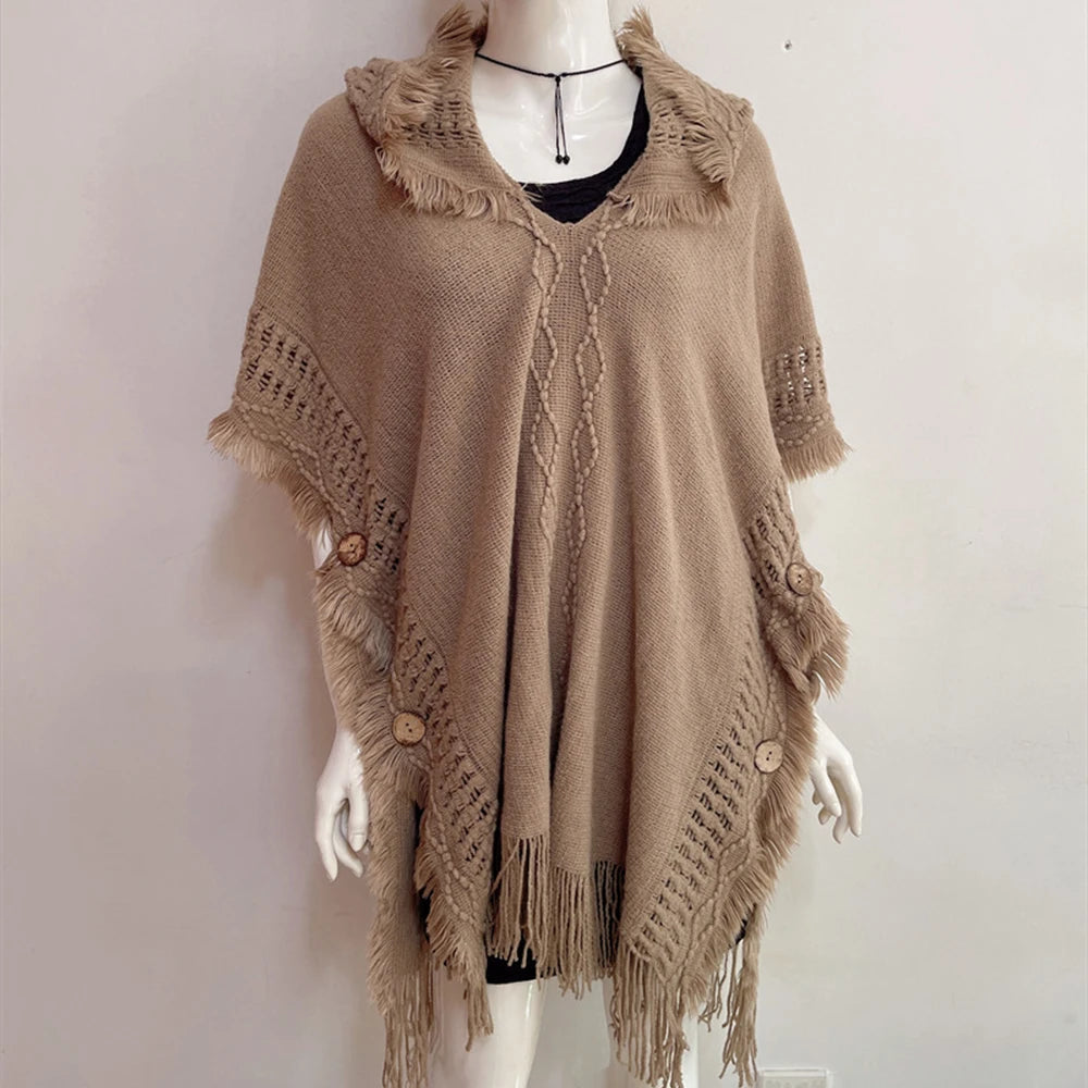 Cape, châle, manteau, poncho à capuche ethnique pour femme, pull à capuche, pompons, dropshipping