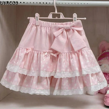 Japanese Sweet Lolita 2 Piece Sets Women Cute Bow Cartoon Bunny Off Shoulder T-shirts Pink Cake Mini Skirts Kawaii Y2k Outfits