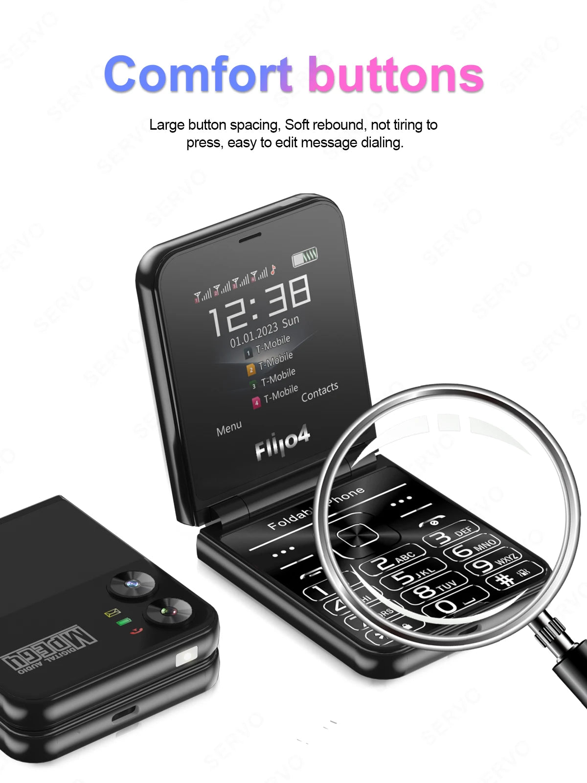 SERVO 4 SIM Fashionable Flip Cellular Phone Speed Dial Flashlight Magic Voice FM Radio 2G GSM Foldable Mobile Phone Type-C 2.6"
