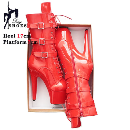Pink 17cm/7Inch Sexy Punk Black Platform Pole Dance Women's Boots Stripper Heels Ankle Boots High Heels Zip Belt Buckle Shoes