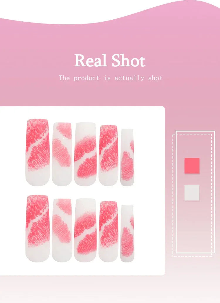 Romantic Red Lips Valentine's Day Wearable Fake Nails Frosted White Detachable Finished False Nails Press on Nails with Glue