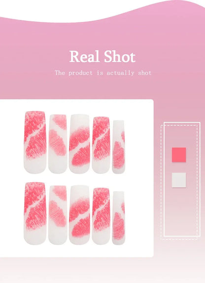 Romantic Red Lips Valentine's Day Wearable Fake Nails Frosted White Detachable Finished False Nails Press on Nails with Glue