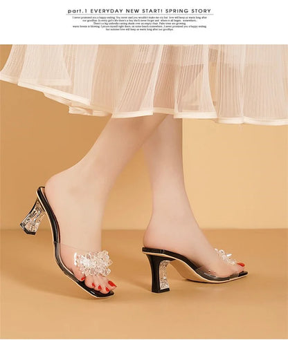 2023 Summer Square Head Open Toe Fashion Transparent Soft Flower Women's Slippers Crystal Heel New High Heel Sandals